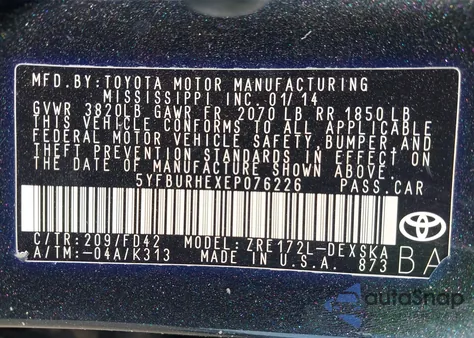 2014 Toyota Corolla S Plus z USA, uszkodzony, nr VIN 5YFBURHEXEP076226